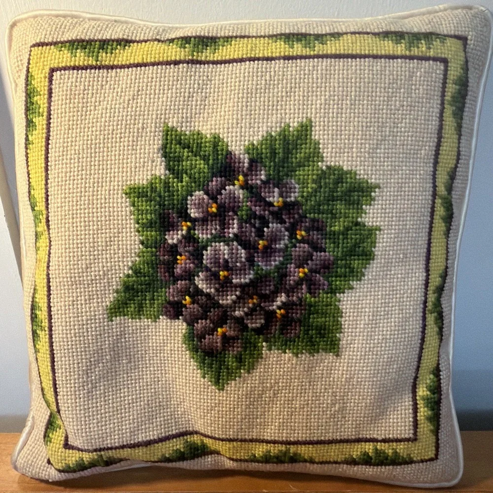 Vtg Needlepoint Pillow Purple Violets Zippered Cover Satin Backing 12x12